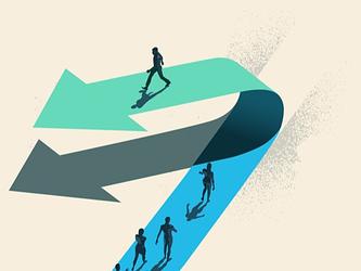 An individual choosing to walk in the opposite direction to other people on top of an arrow.